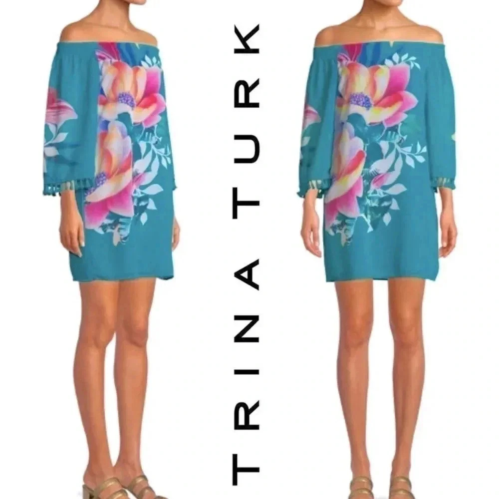 Trina Turk Teal Floral Off-Shoulder Dress